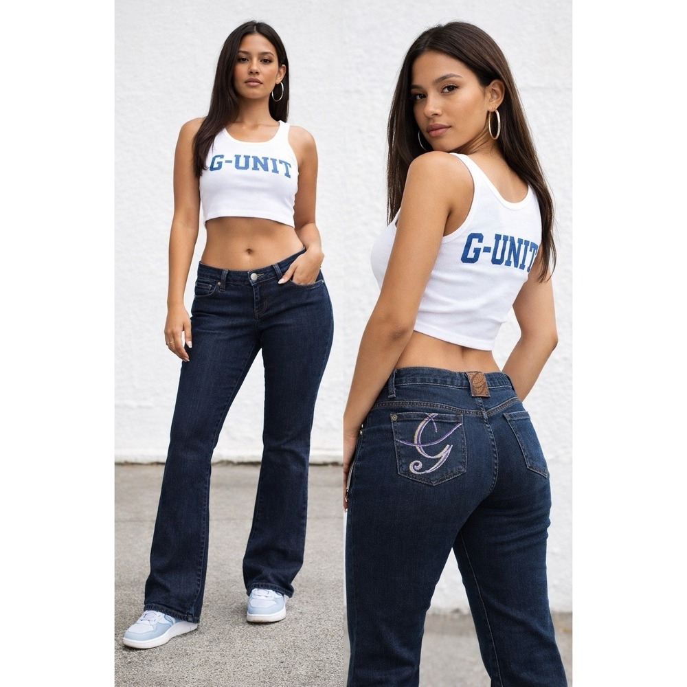 G-Unit Vintage Womens Dark Wash Bootcut Jeans Embroidered Logo Size 15 50 cent